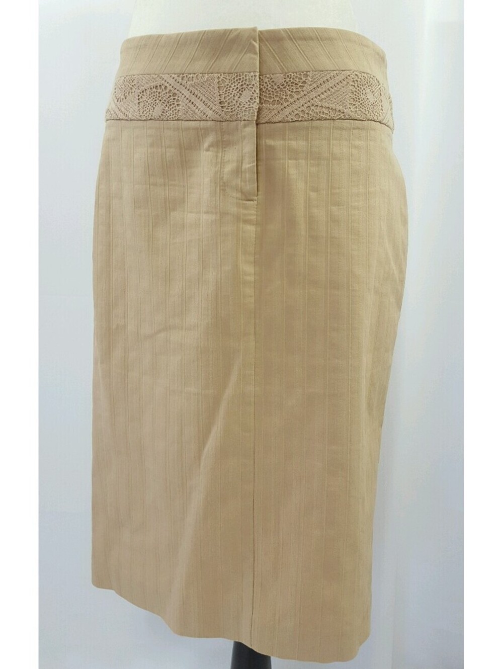 Bebe Knee Length Light Brown Straight Pencil Skirt Lace Trim Size 8